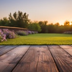 Neatly manicured lawn stretches modern wooden barrier casting soft shadows warm glow peaceful sunset